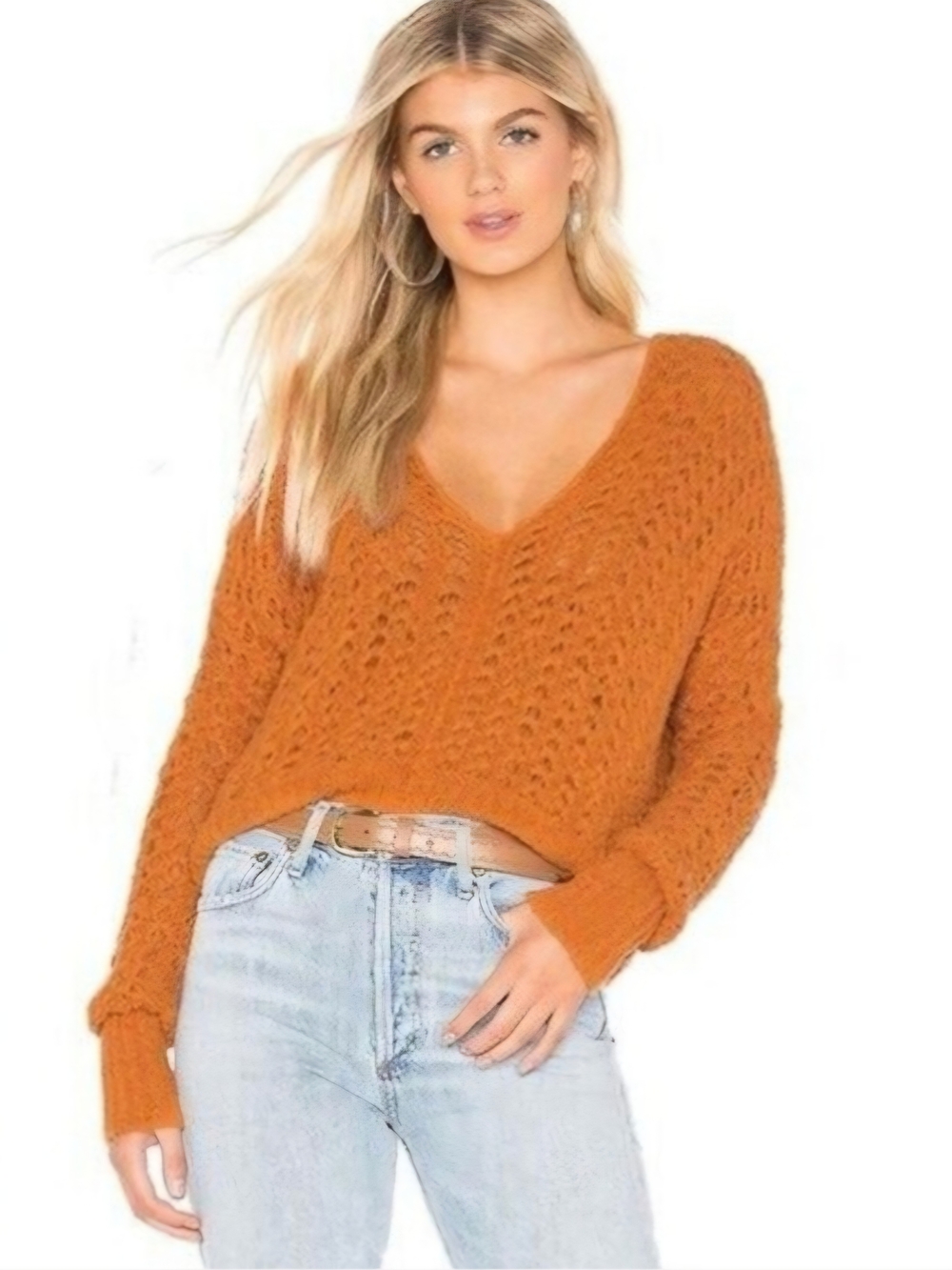 NWOT Free People Best Of You V Neck Sweater, Orange, Sz. L